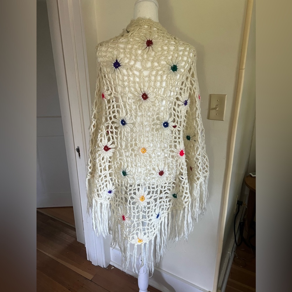 Vintage Crochet Shawl with Colorful Flower Accents